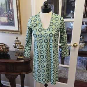 Lolly Wolly Doodle Blue Green Gold Geometric Dress 100% Cotton 3/4 Sleeve S EUC